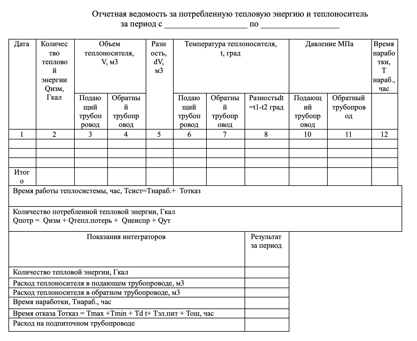 Журнал учета тепловой энергии и теплоносителя образец